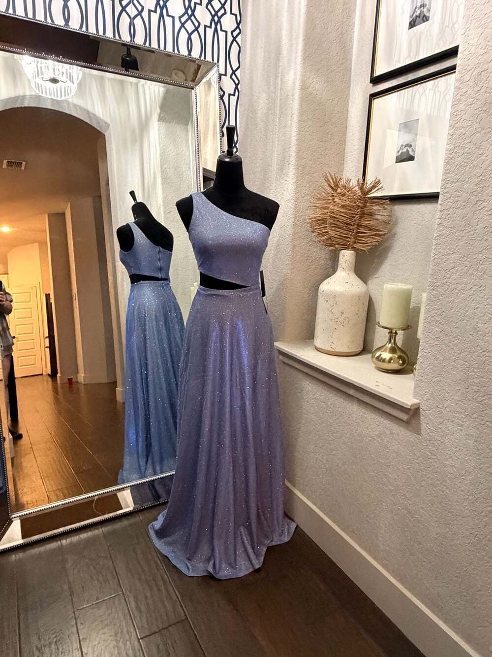 NWT City Vibe Gown One Shoulder Cutout Leg Slit, shimmering Blue- Size 1